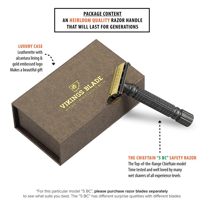 VIKINGS BLADE Double Edge Safety Razor for Men + 5 Swedish Steel Blades + Luxury Case. Smooth, Reusable, Recyclable (Chieftain â€œ5 BCâ€) - Image 2